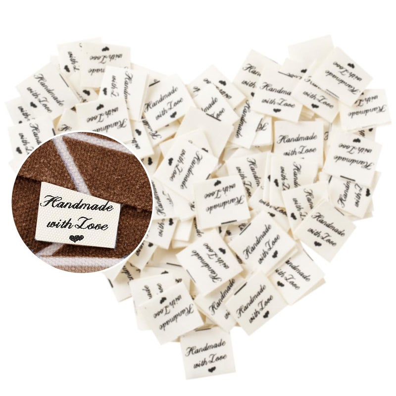 LeCorner 100 Pcs Sewing Labels for Handmade Items, Cute Handmade with Love Tags, Personalized Crochet Tags Sew on Clothing, Custom Fabric Labels for DIY Knitting Crocheting Crafts (Style B) - Image 1