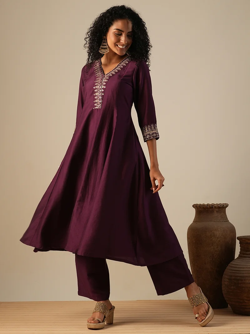 globus Globus Women Zari Embroidered V-Neck Panelled Anarkali Kurta With Wide Leg Trousers