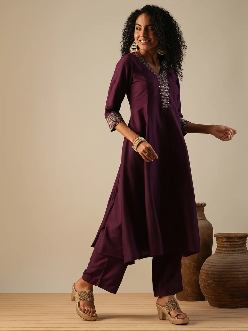 globus Globus Women Zari Embroidered V-Neck Panelled Anarkali Kurta With Wide Leg Trousers