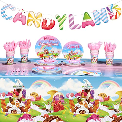 Tiamon 171 Pcs Candyland Donut Party Decorations for 24 Guest Candy Themed Party Decorations Include Plates Napkins Cup Banner Tablecloth Knife Fork Spoons Candy Land Grow up Birthday DecorCandyland - Image 1