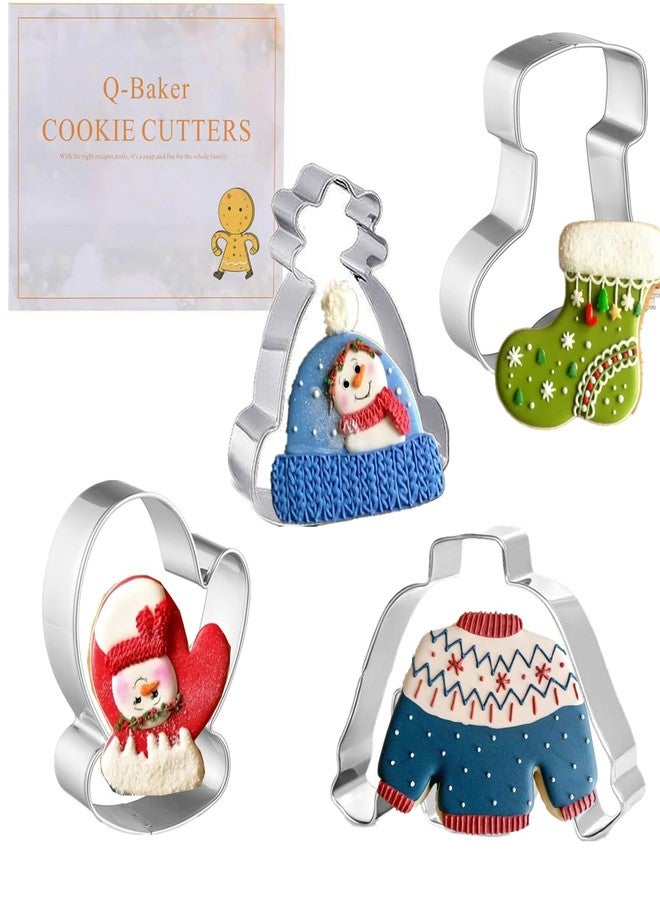 Q-Baker Christmas Cookie Cutters 4Pcs Winter Holiday Cookie Cutter Set Stainless Steel with Winter hat, Ugly Sweater, Mitten,Stocking with Decorating Instructions - Image 1
