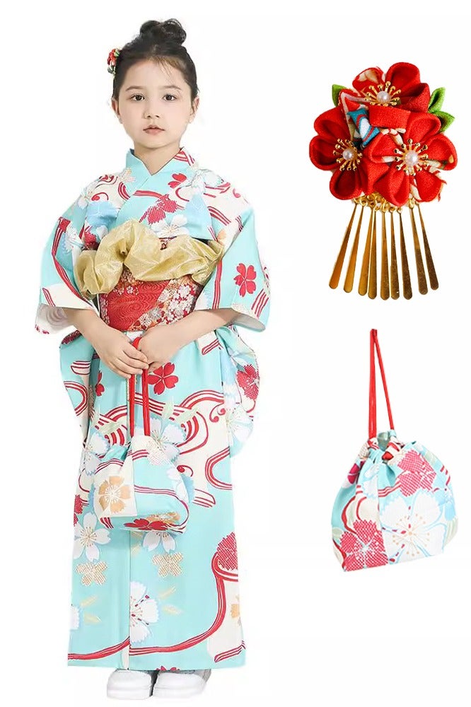 chuyaqisi Blue Floral Print Girls' Kimono 4-Piece Set, Japanese Formal Kimono Costume Kids 5-12Y, Performance costume  - Image 1