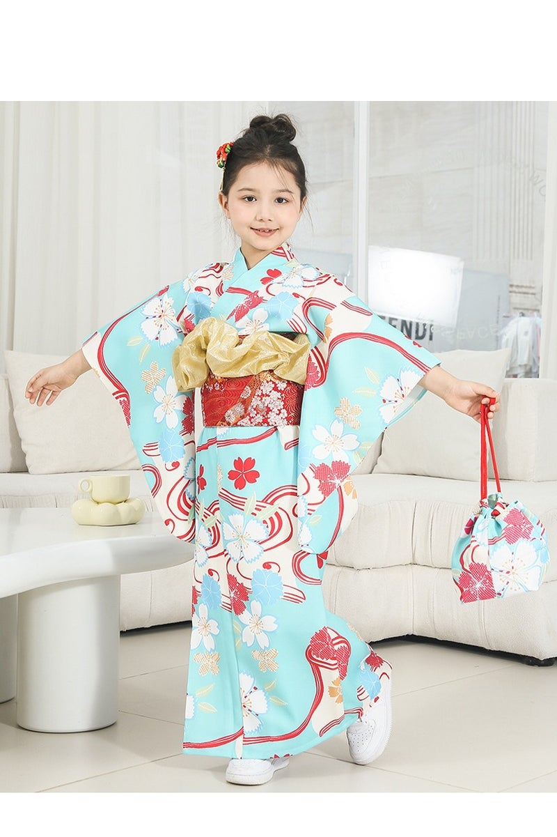chuyaqisi Blue Floral Print Girls' Kimono 4-Piece Set, Japanese Formal Kimono Costume Kids 5-12Y, Performance costume  - Image 2