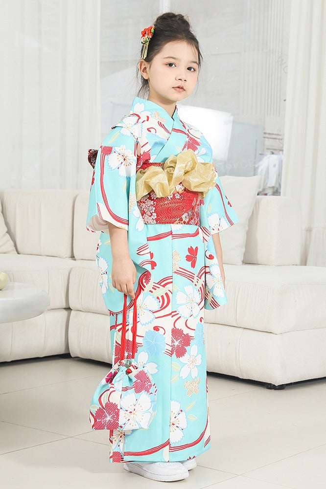 chuyaqisi Blue Floral Print Girls' Kimono 4-Piece Set, Japanese Formal Kimono Costume Kids 5-12Y, Performance costume  - Image 3