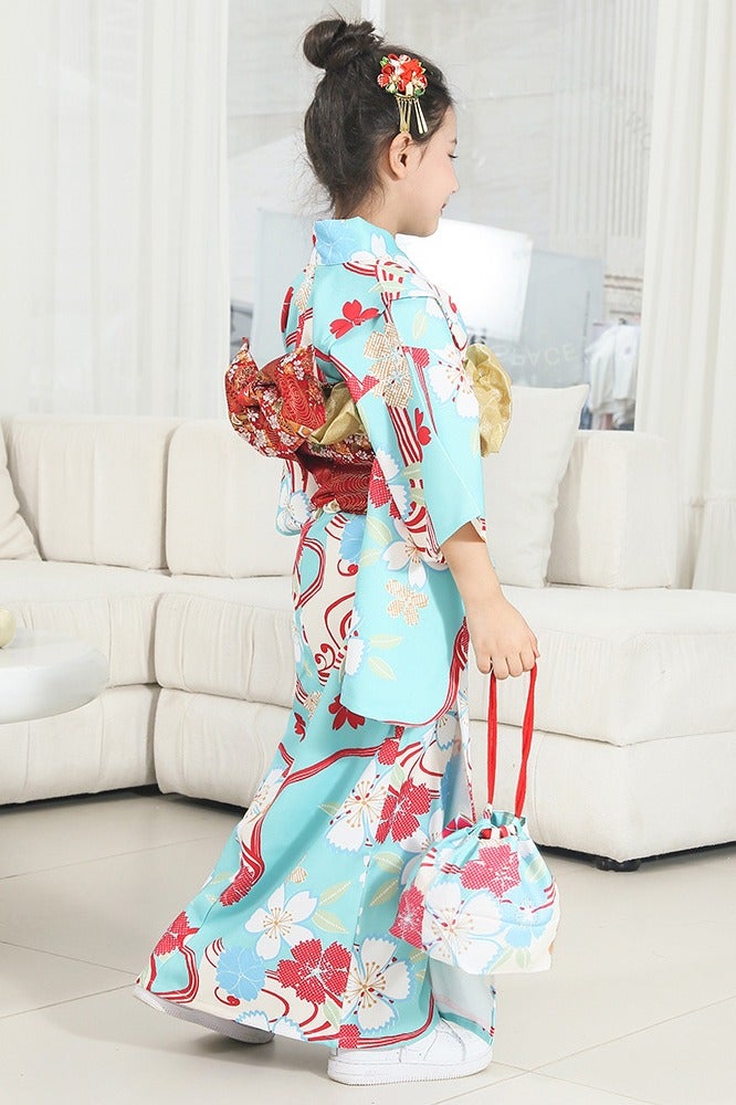chuyaqisi Blue Floral Print Girls' Kimono 4-Piece Set, Japanese Formal Kimono Costume Kids 5-12Y, Performance costume  - Image 4