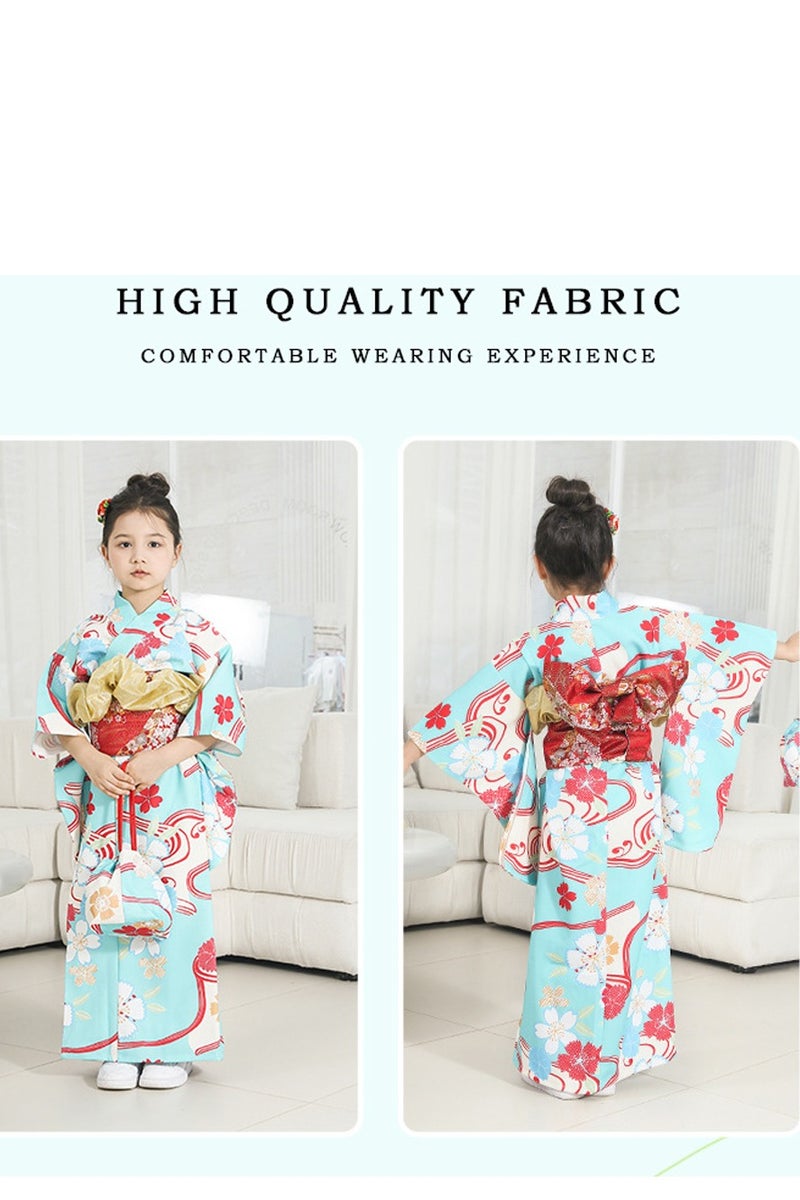 chuyaqisi Blue Floral Print Girls' Kimono 4-Piece Set, Japanese Formal Kimono Costume Kids 5-12Y, Performance costume  - Image 5
