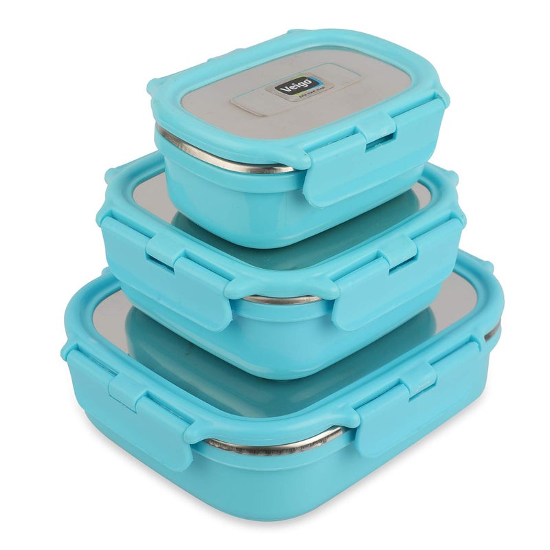 Veigo Veigo Premium Finish Classic 3 Pcs Celebration Stainless Steel Containers, Sky Blue,(Big 630 ml,Medium 330 ml & Small 180 ml)  - Image 1