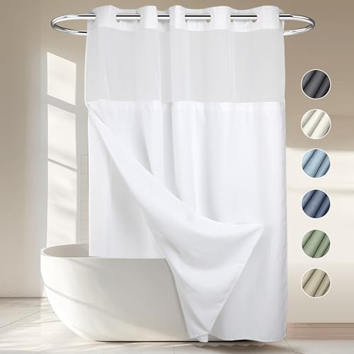 River Dream Heavyweight No Hooks Required Dotted Waffle Weave Shower Curtain with Snap in Liner，Bathroom Curtains Shower Set - 71W x 74H,Hotel Grade,Spa Like Bath Curtain,White - Image 1