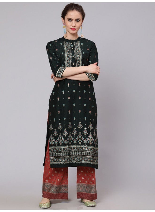AKS AKS Ethnic Motifs Printed Band Collar Straight Kurta with Palazzos  - Image 1