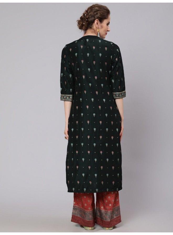 AKS AKS Ethnic Motifs Printed Band Collar Straight Kurta with Palazzos  - Image 4