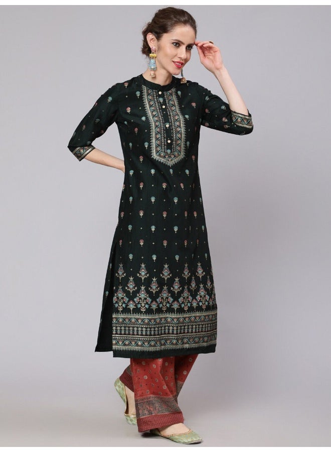 AKS AKS Ethnic Motifs Printed Band Collar Straight Kurta with Palazzos  - Image 5