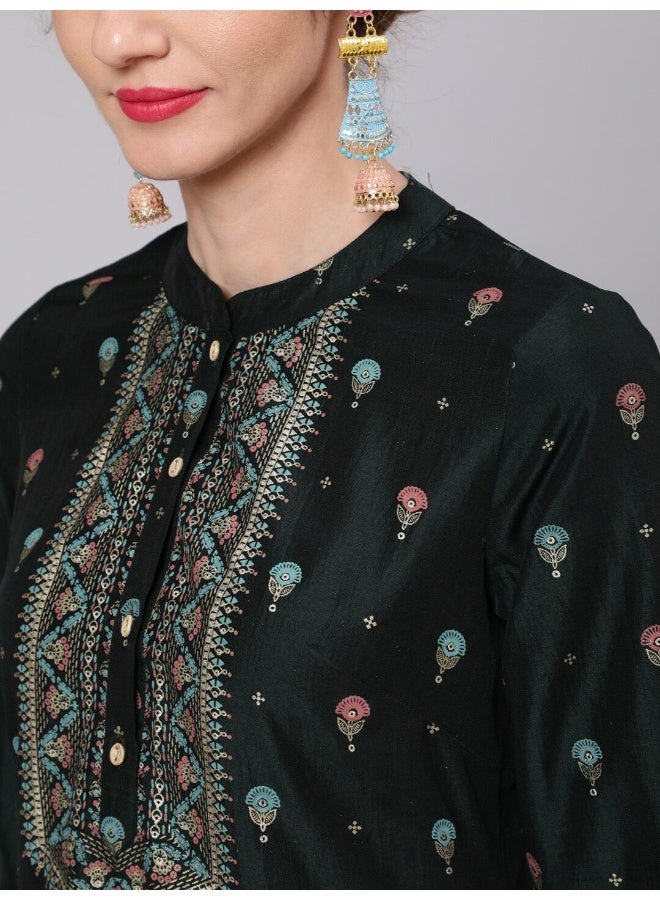 AKS AKS Ethnic Motifs Printed Band Collar Straight Kurta with Palazzos  - Image 2