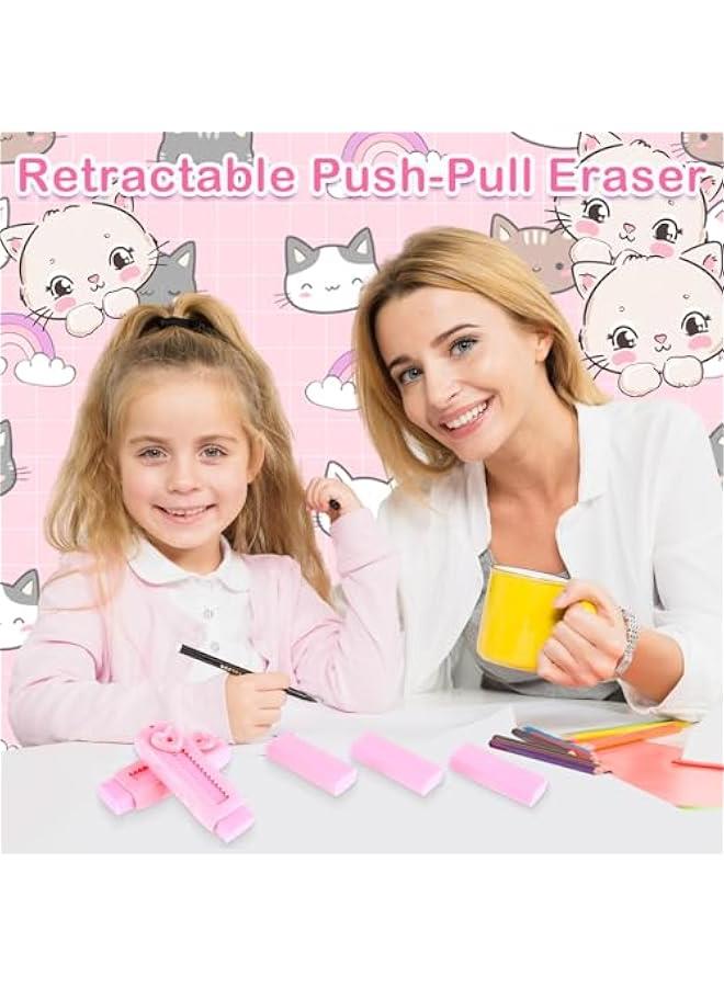 Generic Sliding Retractable Pencil Eraser Push-Pull Rubber Eraser and 4 PCS Refill Erasers for Students School Stationery Writing Office(Pink)  - Image 2