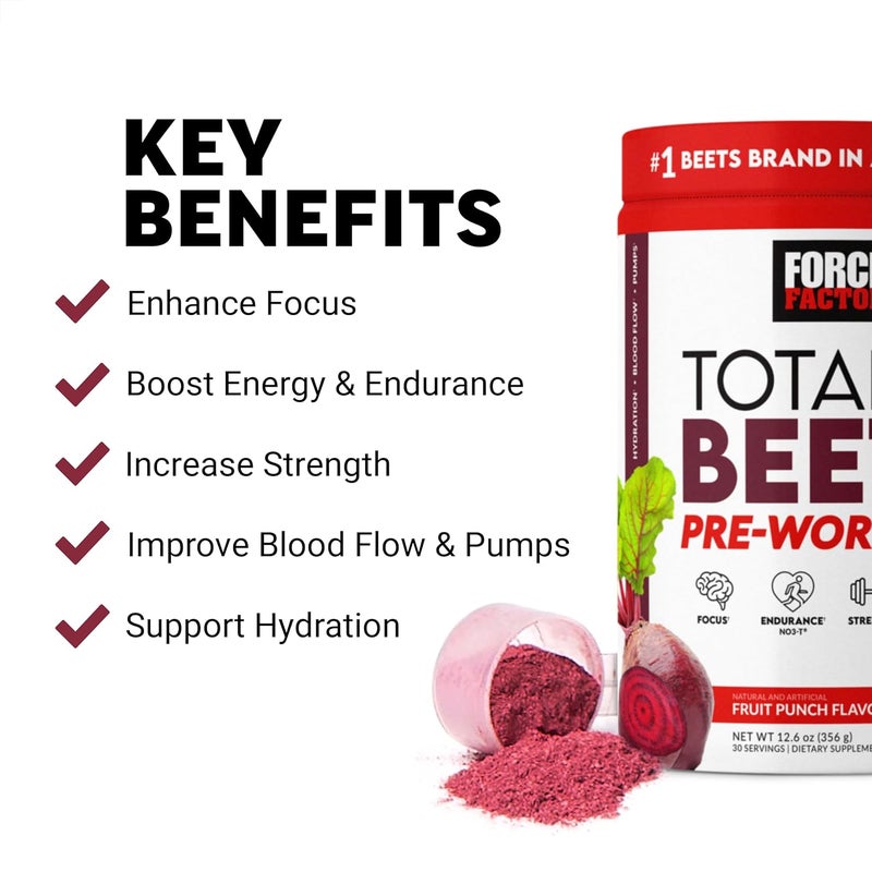 FORCE FACTOR Total Beets PreWorkout Powder to Boost Energy  Endurance Increase Strength and Improve Blood Flow and Pumps Nitric Oxide Supplement with Beet Root Powder Fruit Punch 30 Servings - Image 2