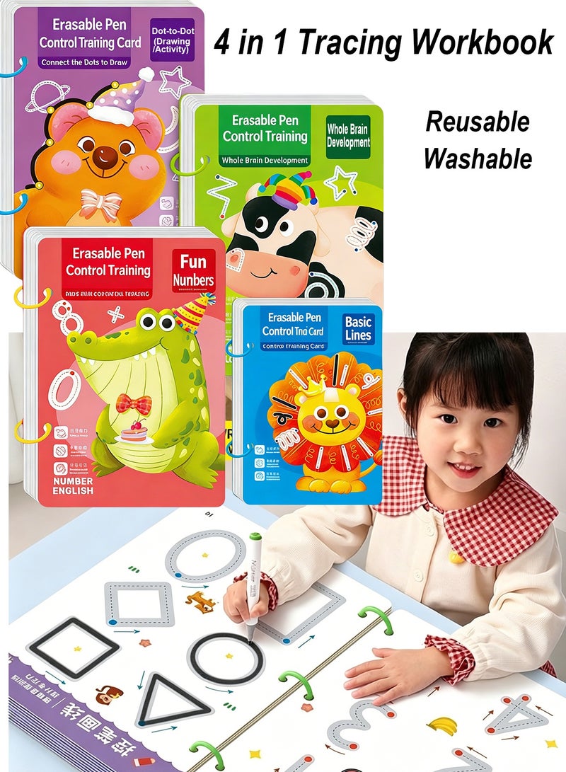 Splendors 4pcs Writing Training Workbooks Practice Book Reusable Tracing Workbook Preschool Tracing-book With 4 Erasable Pens Early Writing Skill Workbook For Age 3+ Years - Image 1