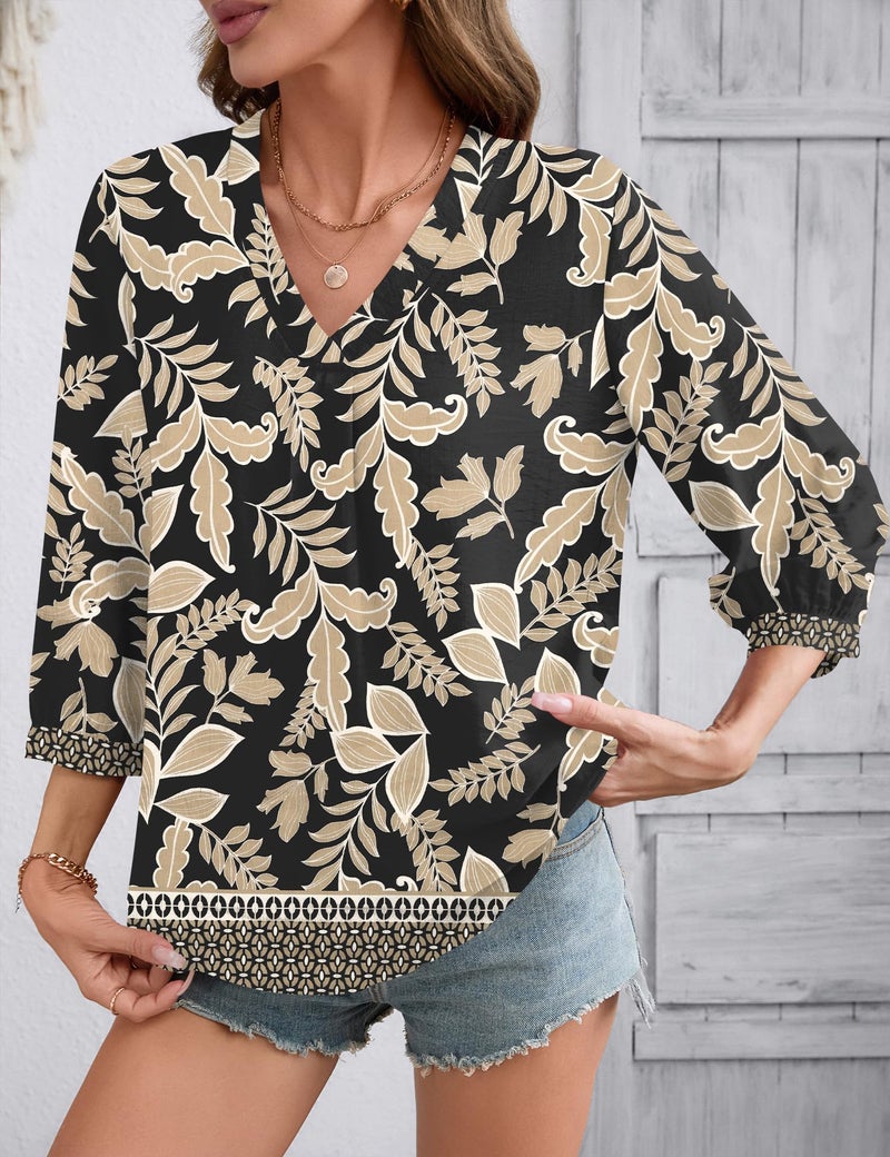 Lomon Womens Boho Tops 3/4 Length Sleeve Office Shirts for Women Dressy Summer Spring Top Loose Fitting Hippie Blouse - Image 3