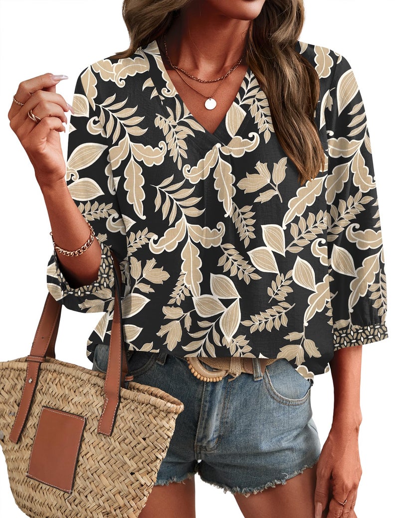 Lomon Womens Boho Tops 3/4 Length Sleeve Office Shirts for Women Dressy Summer Spring Top Loose Fitting Hippie Blouse - Image 1