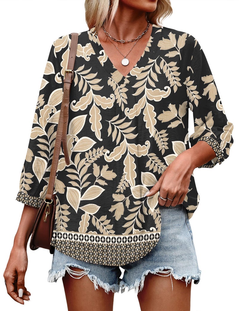 Lomon Womens Boho Tops 3/4 Length Sleeve Office Shirts for Women Dressy Summer Spring Top Loose Fitting Hippie Blouse - Image 4