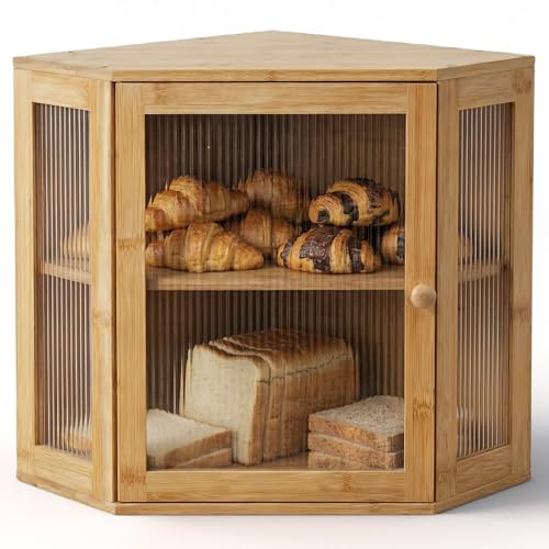 TIRYIUOU Corner Bread Box for Kitchen Countertop: Bamboo Storage Container for Homemade Bread, Two Layer Breadbox under Cabinet Mount, Large Bread Holder for Kitchen Counter, Pantry Shelf - Image 1