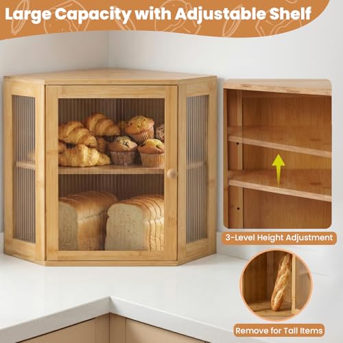 TIRYIUOU Corner Bread Box for Kitchen Countertop: Bamboo Storage Container for Homemade Bread, Two Layer Breadbox under Cabinet Mount, Large Bread Holder for Kitchen Counter, Pantry Shelf - Image 3