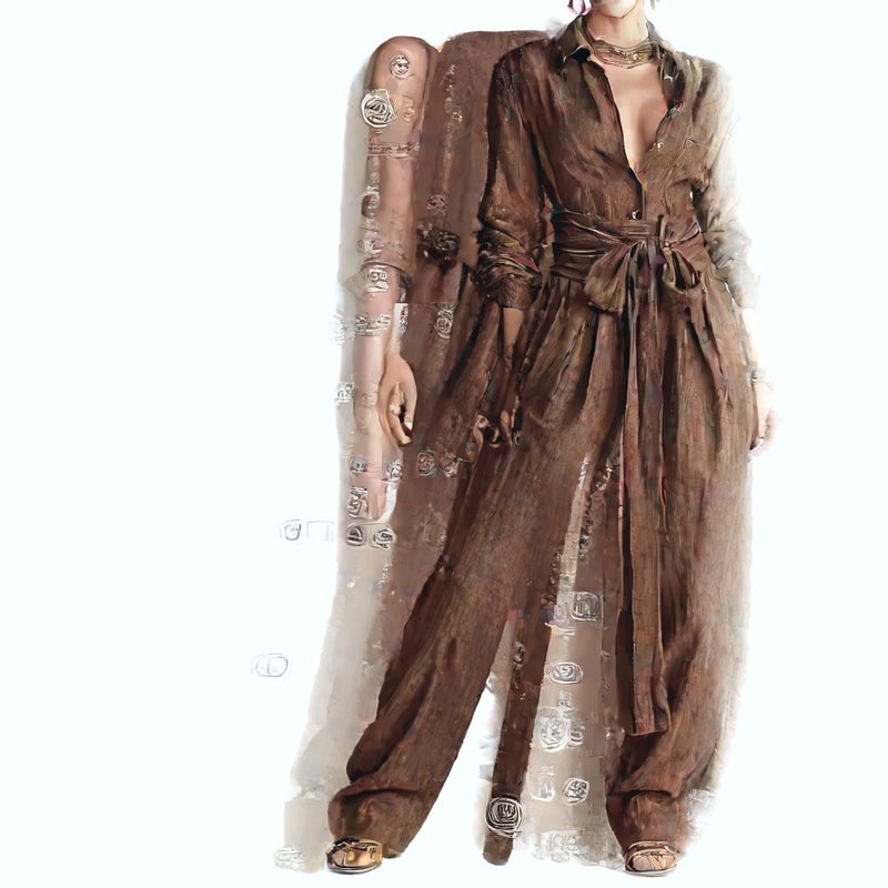 High Waist Long Sleeve Long Pants Button Down Shirt Casual Suit Set - Image 5