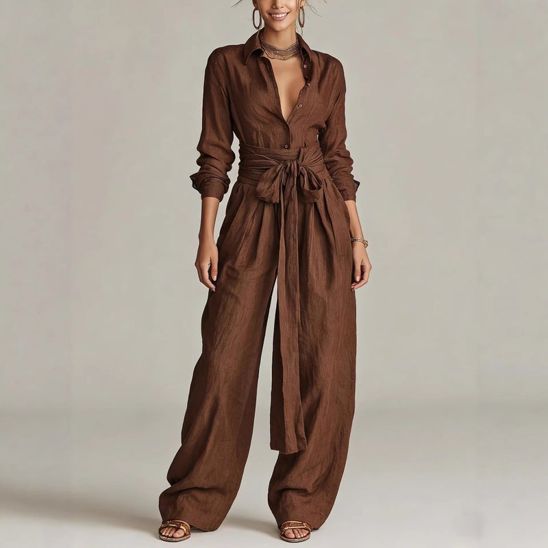 High Waist Long Sleeve Long Pants Button Down Shirt Casual Suit Set - Image 1