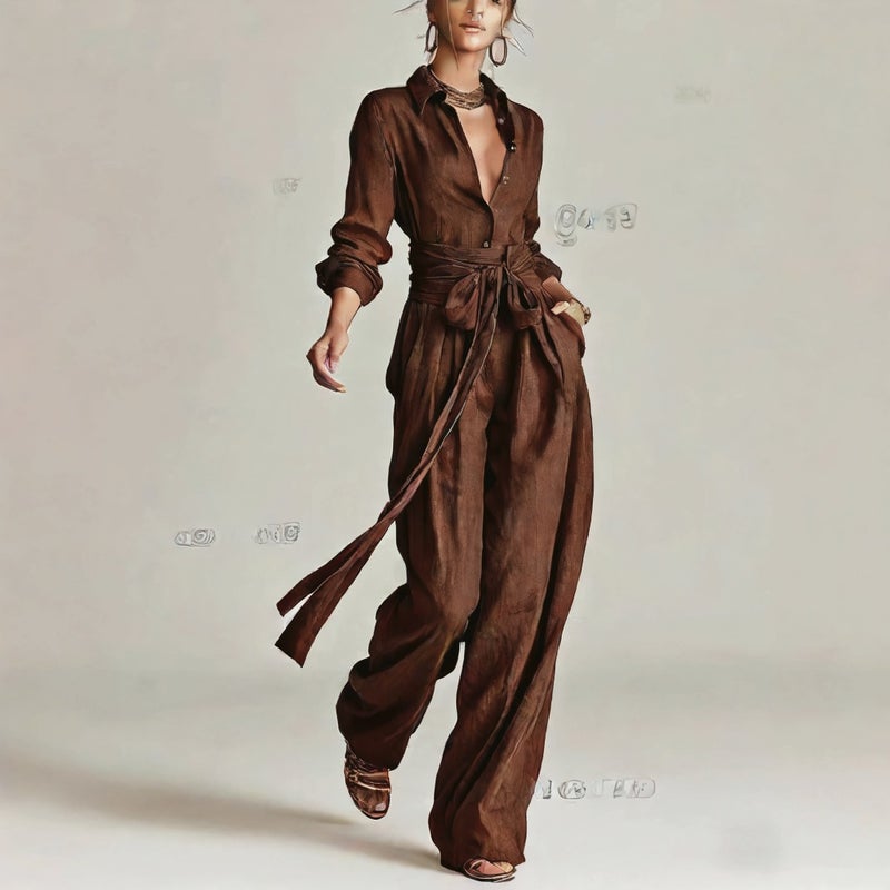 High Waist Long Sleeve Long Pants Button Down Shirt Casual Suit Set - Image 3