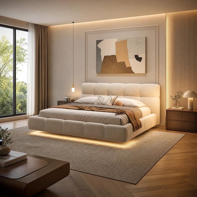 Modern Upholstered LED Floating Bed Frame with Tufted Headboard - Queen Size (160x200cm) with Spring Pillow Top Mattress - Beige - Image 1