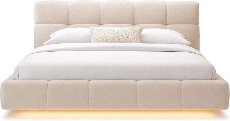 Modern Upholstered LED Floating Bed Frame with Tufted Headboard - Queen Size (160x200cm) with Spring Pillow Top Mattress - Beige - Image 3