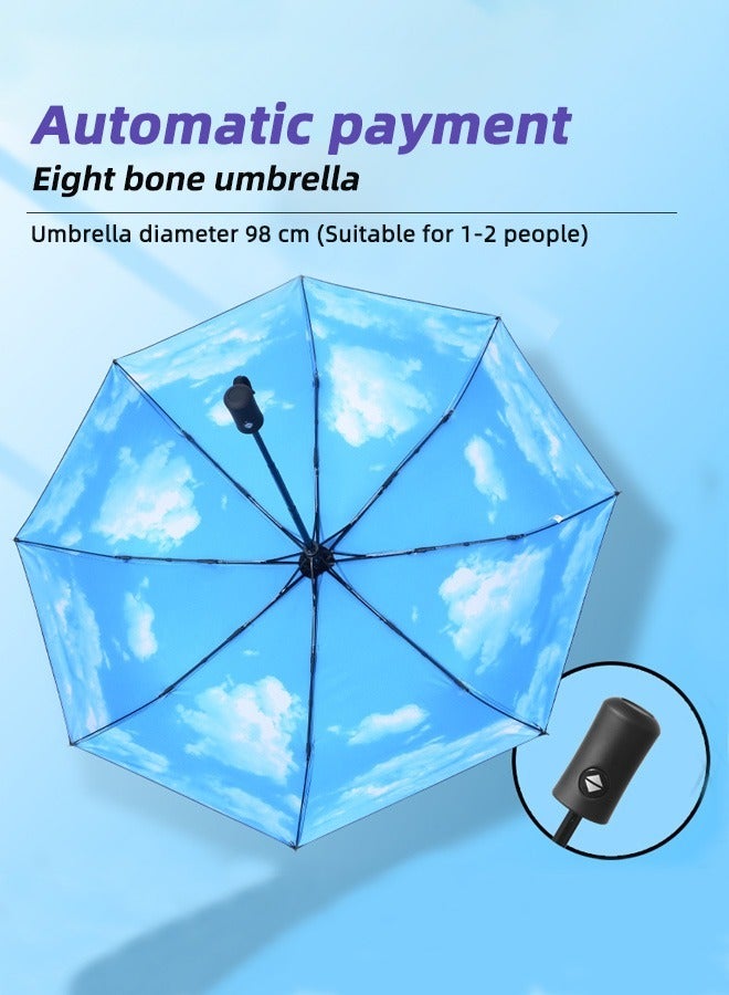 Joychic مظلة سفر قابلة للطي أوتوماتيكيًا مقاومة لأشعة الشمس والمطر بنمط السماء، باللونين الأسود والأزرق - Image 2