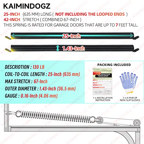 KaiMinDogz Pair of 130lb. Heavy Duty Garage Door Extension Springs Stretch Springs, 25" Long,Double Loop Ends, High Precision Electrophoresis Black Coated, MIN 16,000 Cycles, for 7ft High Garage Doors - Image 2