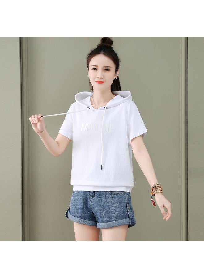 VUELO Combed Cotton Small Hooded Short-sleeved T-shirt For Women Summer New Slimming Letter Printed Short Top T-shirt 