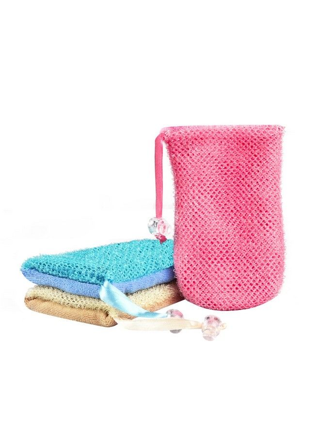 Linkidea 3 Pack Mesh Soap Scrubber Pouch Soap Saver Bag Soap Pouch For Shower Mesh Soap Saver Bags With Drawstring For Shower Bathroom (Pink Blue Yellow) - Image 1