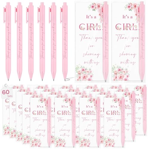 Stuffygreenus 60 Sets It's a Girl Pens for Guests Girl Party Favors Retractable Ballpoint Pen with Bookmarks Black Ink Gender Reveal Souvenirs Prizes Supplies - Image 1
