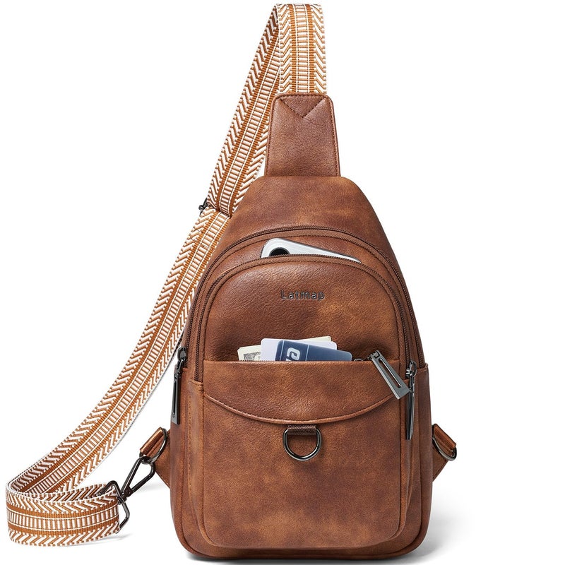 LATMAP 7L Sling Bag for Women Men Crossbody Belt Bag Small Travel Sling Backpack Anti Theft Chest Daypack Purse Faux Leather,Brown - Image 1