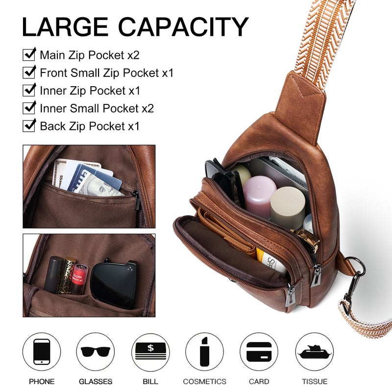 LATMAP 7L Sling Bag for Women Men Crossbody Belt Bag Small Travel Sling Backpack Anti Theft Chest Daypack Purse Faux Leather,Brown - Image 5