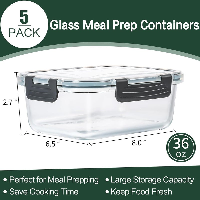 CEKEE 5 Packs 36 oz Glass Food Storage Containers with Lids, Glass Meal Prep Containers, Airtight Glass Lunch Containers, BPA Free, Microwave, Freezer and Dishwasher Safe - Image 5