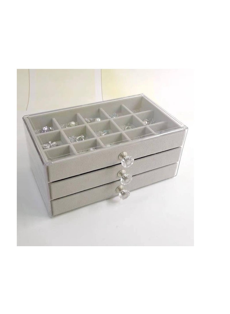 LORNEYA Acrylic Jewelry Organizer Box with 3 Drawers and 45 Adjustable Velvet Trays, Stackable Earring Display Holder for Rings, Studs, Bracelets