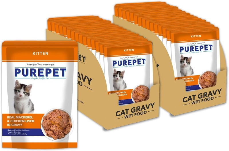 PUREPET طعام رطب بيوربت لقطط صغيرة بصلصة الماكريل الحقيقي وكبد الدجاج 1.5 كجم (30 × 50 جرام) - Image 1
