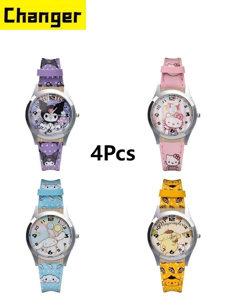 Changer 4Pcs Glowing Watches, Hello Kitty, Kuromi Cartoon Watch, Fashionable Night Light Watch For Male And Female Students - Image 1