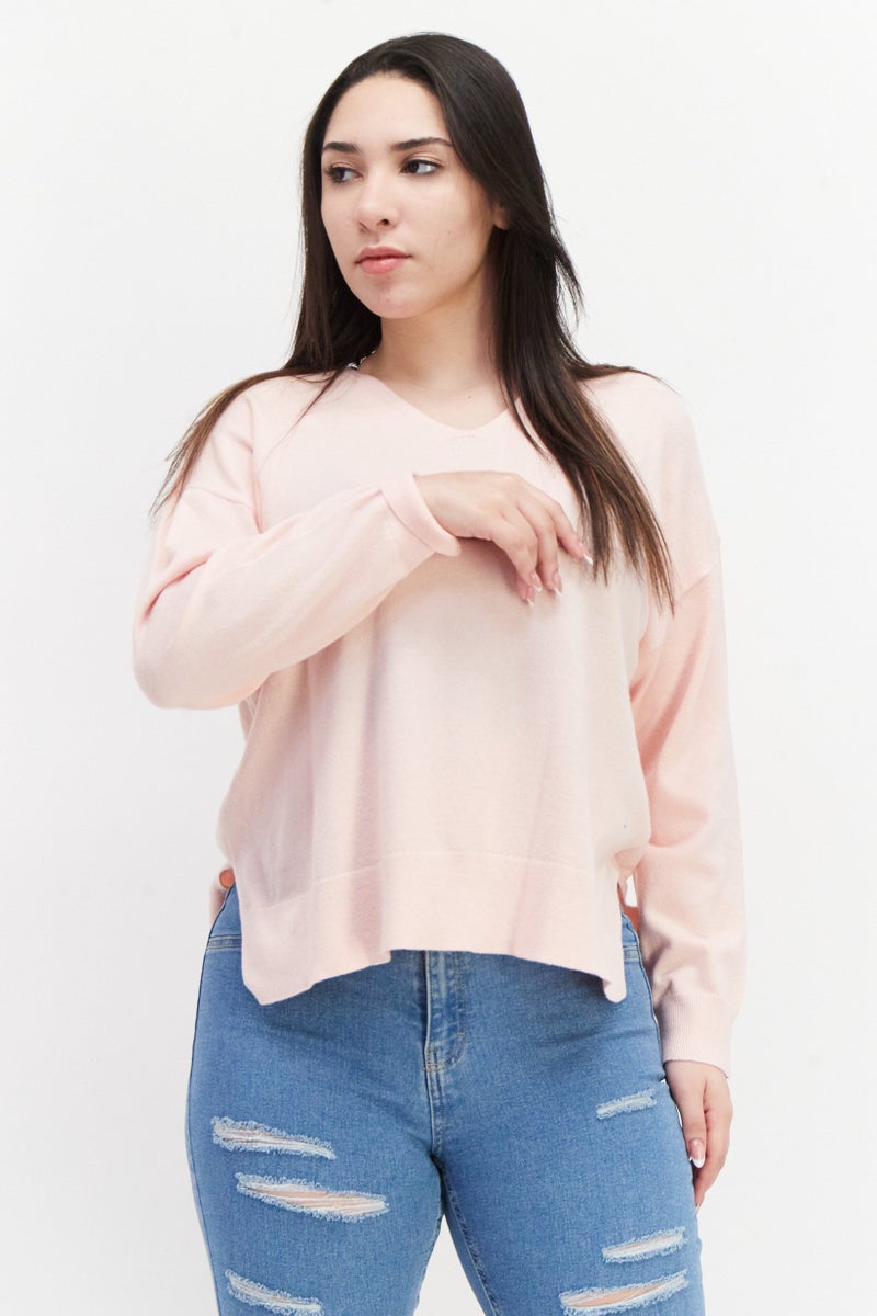 French Connection سويت شيرت نسائي بأكمام طويلة على شكل حرف V، وردي - Image 1