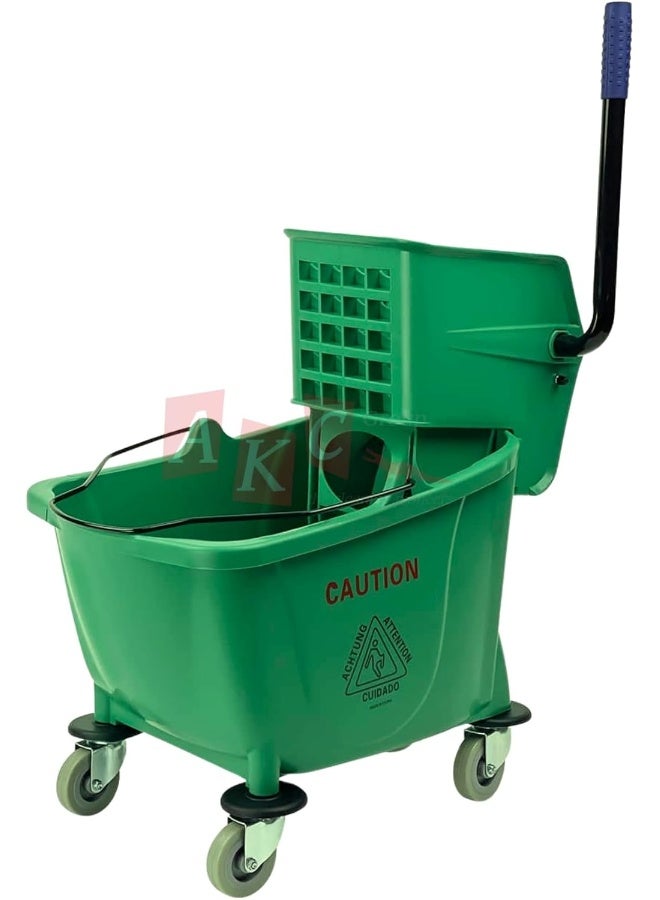 AKC Mop Bucket with Deluxe Wringer | 32 Liter Green Mop Trolley with Side Press and Wheels – Heavy-Duty Plastic Bucket for Professional, School, and Industrial Cleaning Tasks | Ergonomic & Efficient 