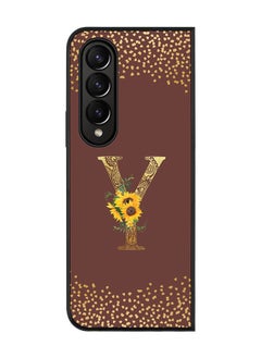 Rugged Black edge case for Samsung Galaxy Z Fold4 Slim fit Soft Case Flexible Rubber Edges Anti Drop TPU Gel Thin Cover - Custom Monogram Initial Letter Floral Pattern Alphabet - Y (Brown )