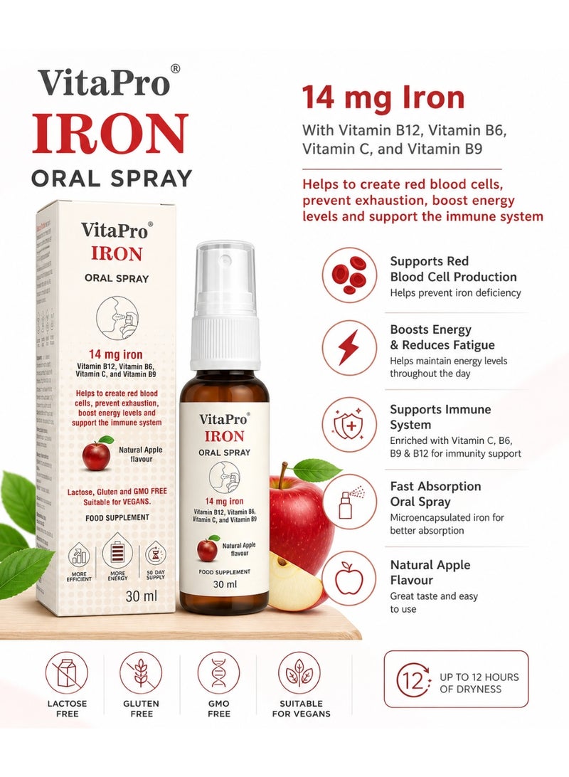 VitaPro Iron Oral Spray 14mg – Apple Flavour, Energy & Red Blood Cell Support, 30ml