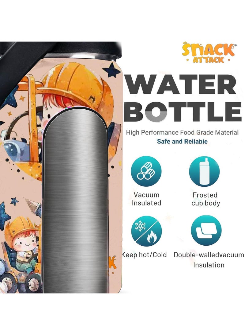 SA Kids Water Bottle for School Insulated water bottle with Straw Lid, Kids water bottle stainless steel, Double Wall, Baby water bottle, Steel water bottle (Brown Construction)