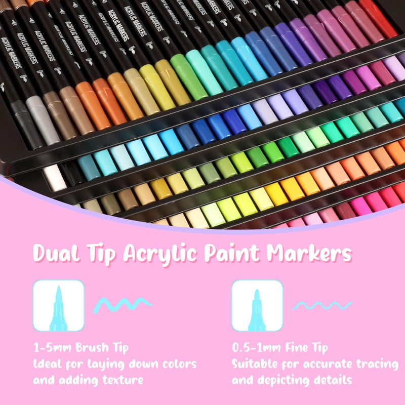 Pagather 120 Colors Acrylic Paint Markers, Dual Tip Fine Tip and Brush Tip Pens Contain 24 Metallic Color for Stone, Wood, Calligraphy, Canvas, Ceramic, Metal, Glass, Rock Painting, DIY Crafts - Image 2