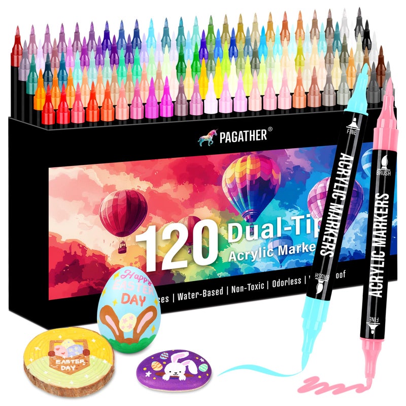 Pagather 120 Colors Acrylic Paint Markers, Dual Tip Fine Tip and Brush Tip Pens Contain 24 Metallic Color for Stone, Wood, Calligraphy, Canvas, Ceramic, Metal, Glass, Rock Painting, DIY Crafts - Image 1
