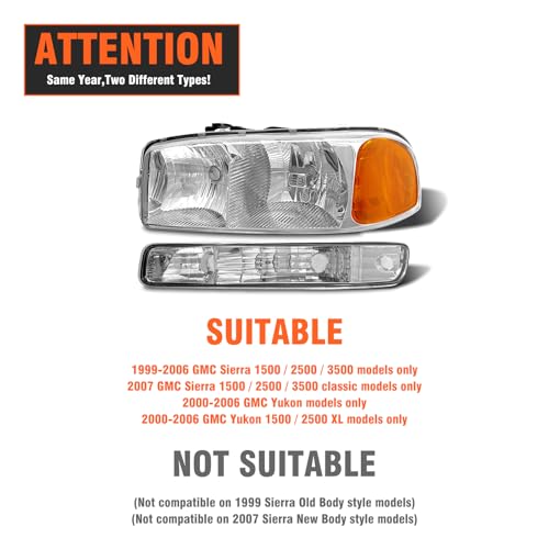 AXLAHA Headlight Assembly for 1999-2006 GMC Sierra 1500 2500 3500 Compatible with 99-06 GMC Yukon/GMC Yukon XL Model Chrome Housing Amber Reflector Clear Lens Replacement(No fit GMC Yukon Denali) - Image 2