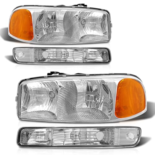 AXLAHA Headlight Assembly for 1999-2006 GMC Sierra 1500 2500 3500 Compatible with 99-06 GMC Yukon/GMC Yukon XL Model Chrome Housing Amber Reflector Clear Lens Replacement(No fit GMC Yukon Denali) - Image 1