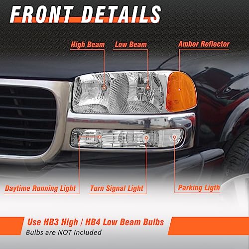 AXLAHA Headlight Assembly for 1999-2006 GMC Sierra 1500 2500 3500 Compatible with 99-06 GMC Yukon/GMC Yukon XL Model Chrome Housing Amber Reflector Clear Lens Replacement(No fit GMC Yukon Denali) - Image 4